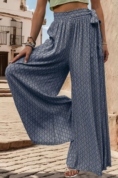 Printed Tied Wide Leg Pants - T - 3 COLORS -