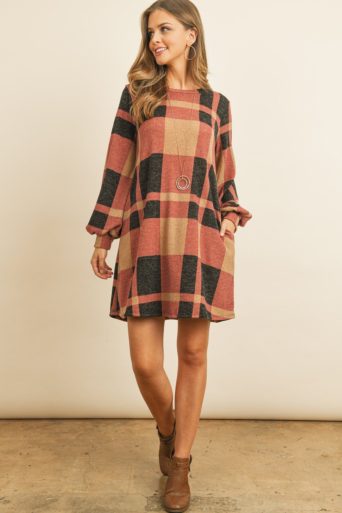 Riah Fashion - Round Neck Puff Sleeved Plaid Knee Length Dress - 3 COLORS -