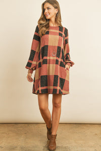 Thumbnail for Riah Fashion - Round Neck Puff Sleeved Plaid Knee Length Dress - 3 COLORS -