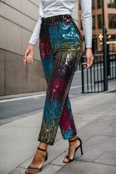 Sequin Contrast High Waist Pants - T - 3 COLORS -