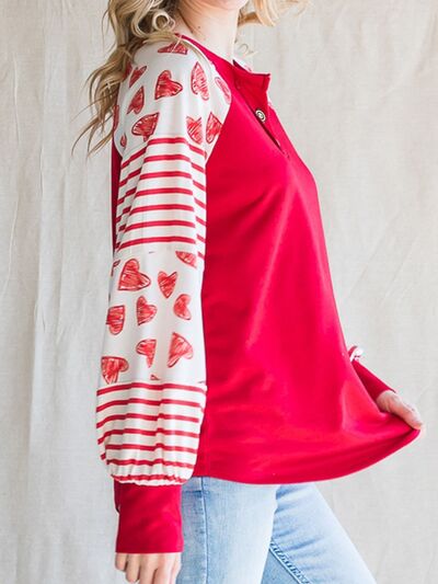 Heart Striped Quarter Button Long Sleeve T-Shirt - T - 1 COLOR -