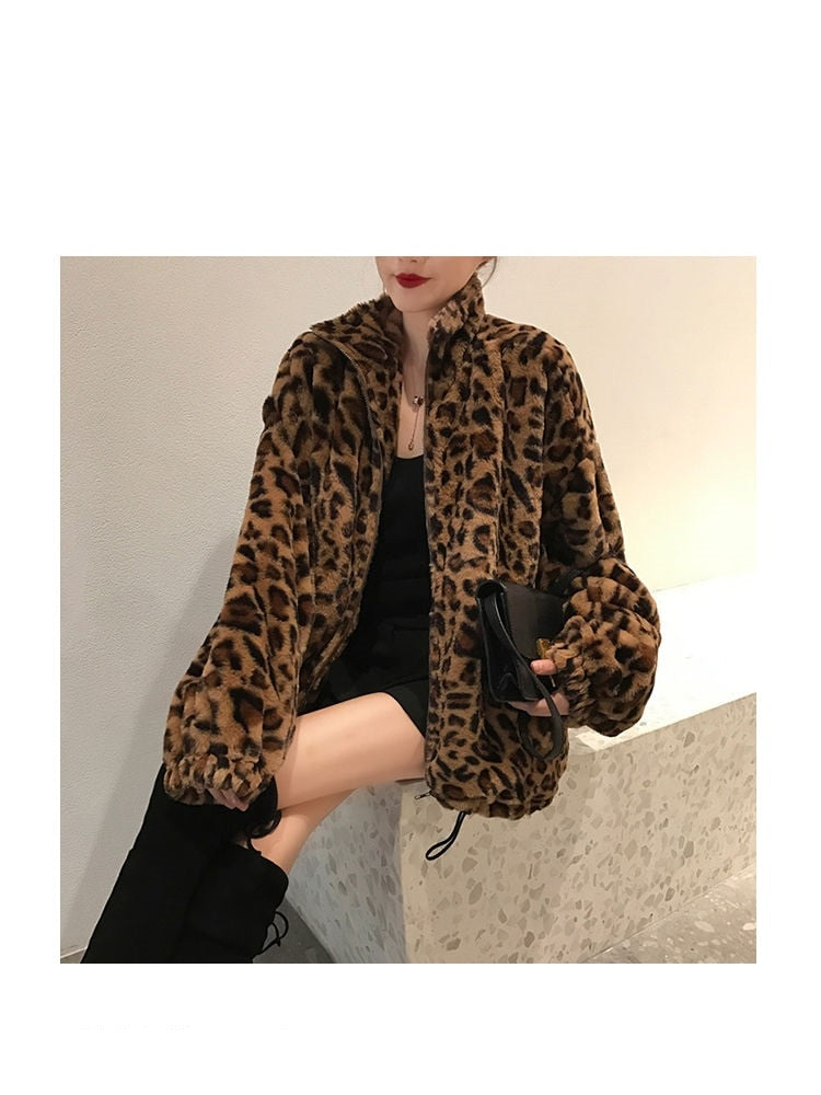 Sharon Tatem - Winter Leopard Print - Stand Collar - Warm Parka - Loose Faux Fur -