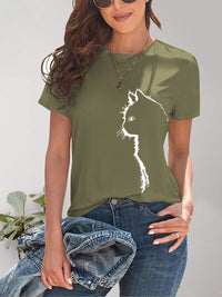 Thumbnail for Cat Round Neck Short Sleeve T-Shirt - T - 4 COLORS -