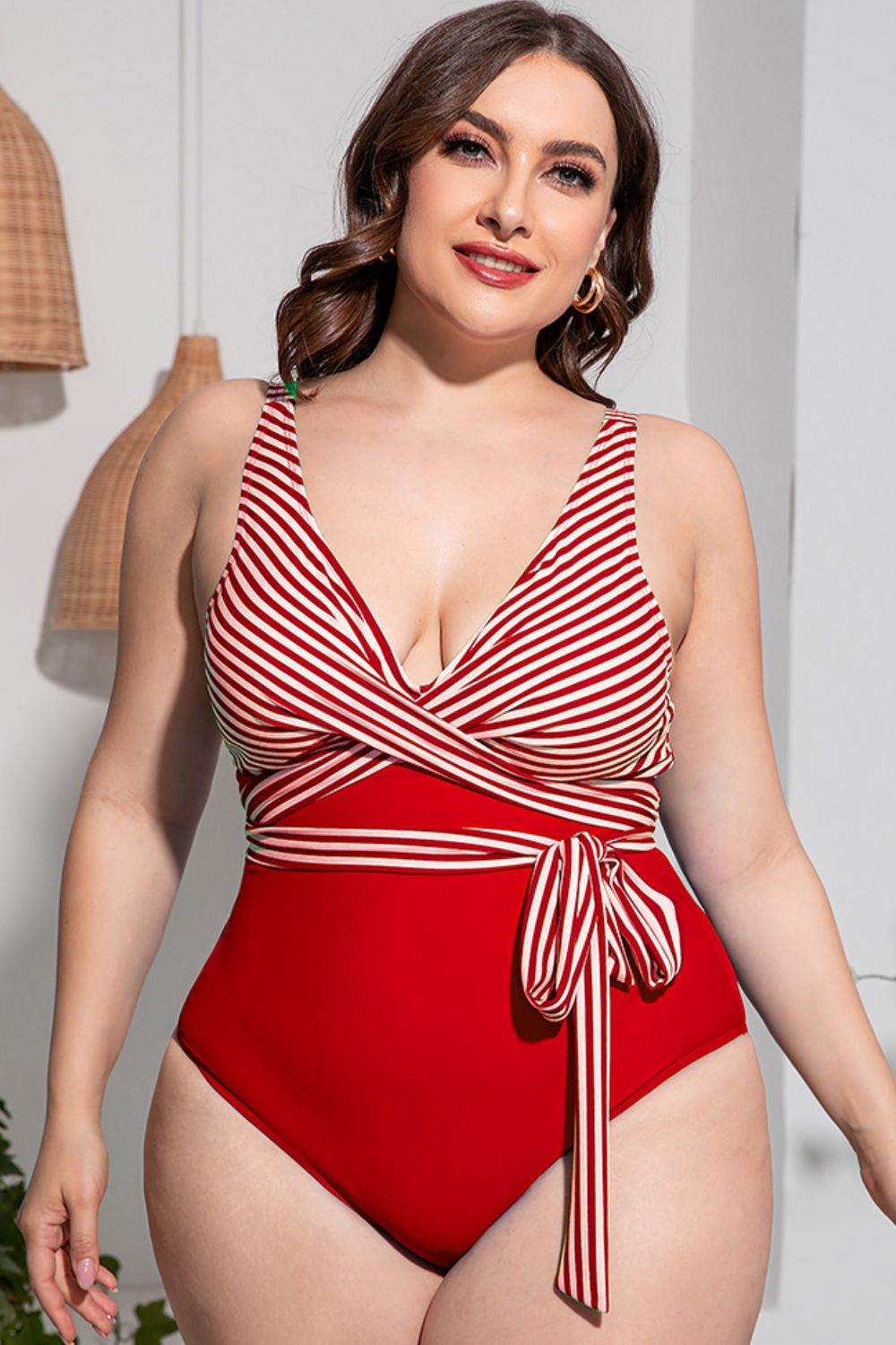 Plus Size Striped Tie-Waist One-Piece Swimsuit - L THRU 4XL - T - 4 OLORS -