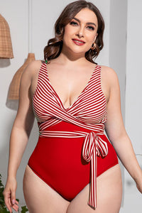 Thumbnail for Plus Size Striped Tie-Waist One-Piece Swimsuit - L THRU 4XL - T - 4 OLORS -