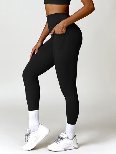 Ruched Pocketed High Waist Active Leggings - T - 4 COLORS -