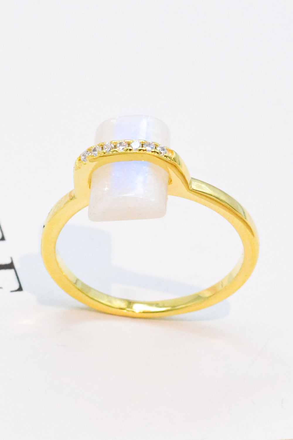 Natural Moonstone Platinum-Plated Ring - T - SIZES 6 THRU 9 - 3 FINISHES -