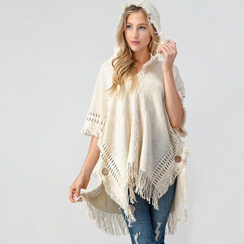 Fringed Crochet Buttoned Hooded Poncho - T - 1 COLOR -