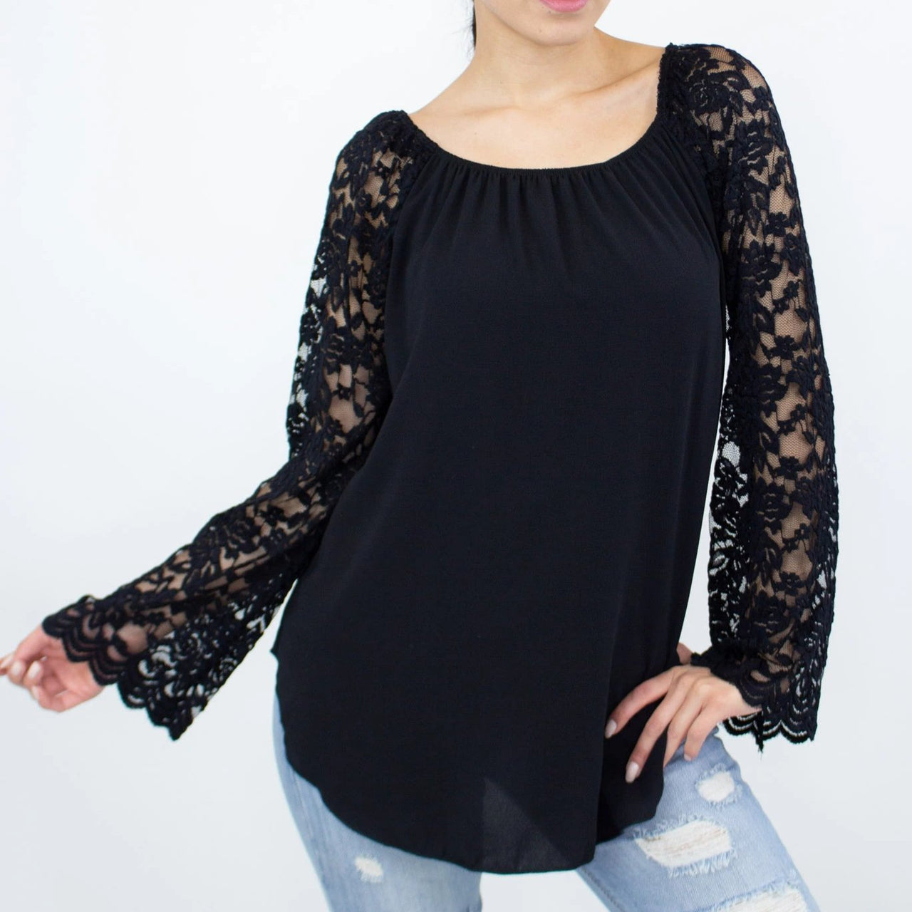 Stylespect - Lace Sleeve Backless Top - Black - 1 COLOR -