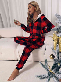 Thumbnail for Plaid Zip Front Long Sleeve Hooded Lounge Jumpsuit - T - 1 COLOR -