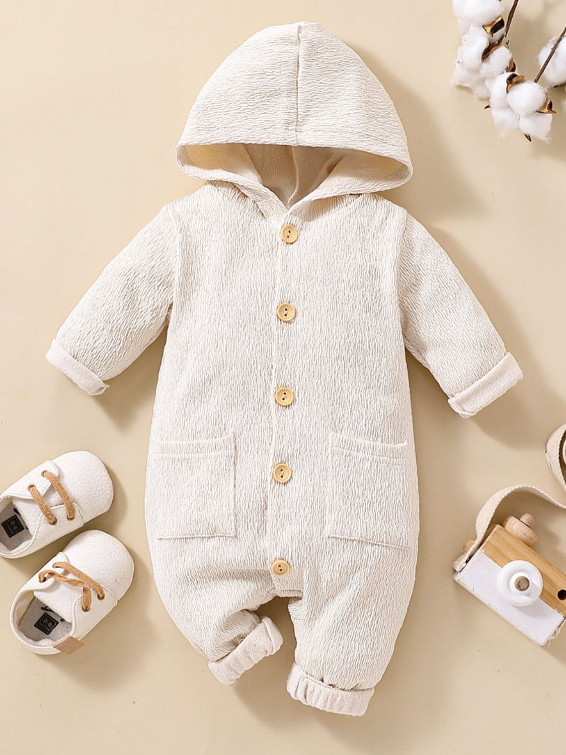 Baby Textured Button Front Hooded Jumpsuit with Pockets - T - 5 SIZES - 1 COLOR -