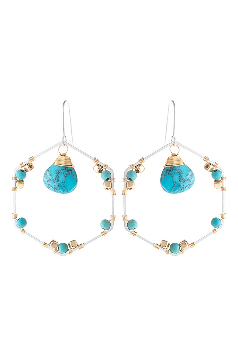 Riah Fashion - Natural Stone Beaded Hexagon Drop Earrings - 5 COLORS -