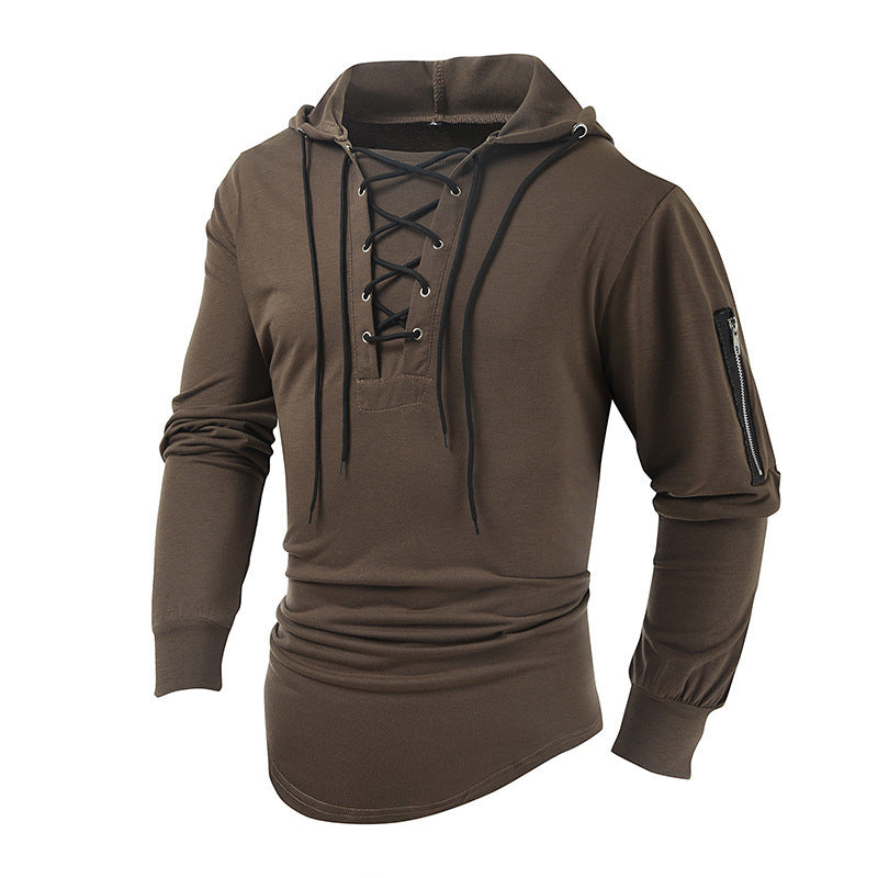 Men's new solid color lace-up sports casual pullover hooded sweatshirt - K - 6 COLORS -