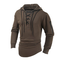 Thumbnail for Men's new solid color lace-up sports casual pullover hooded sweatshirt - K - 6 COLORS -