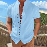 Thumbnail for New Vintage Button Stand Collar Short Sleeve Shirt - K - 6 COLORS -