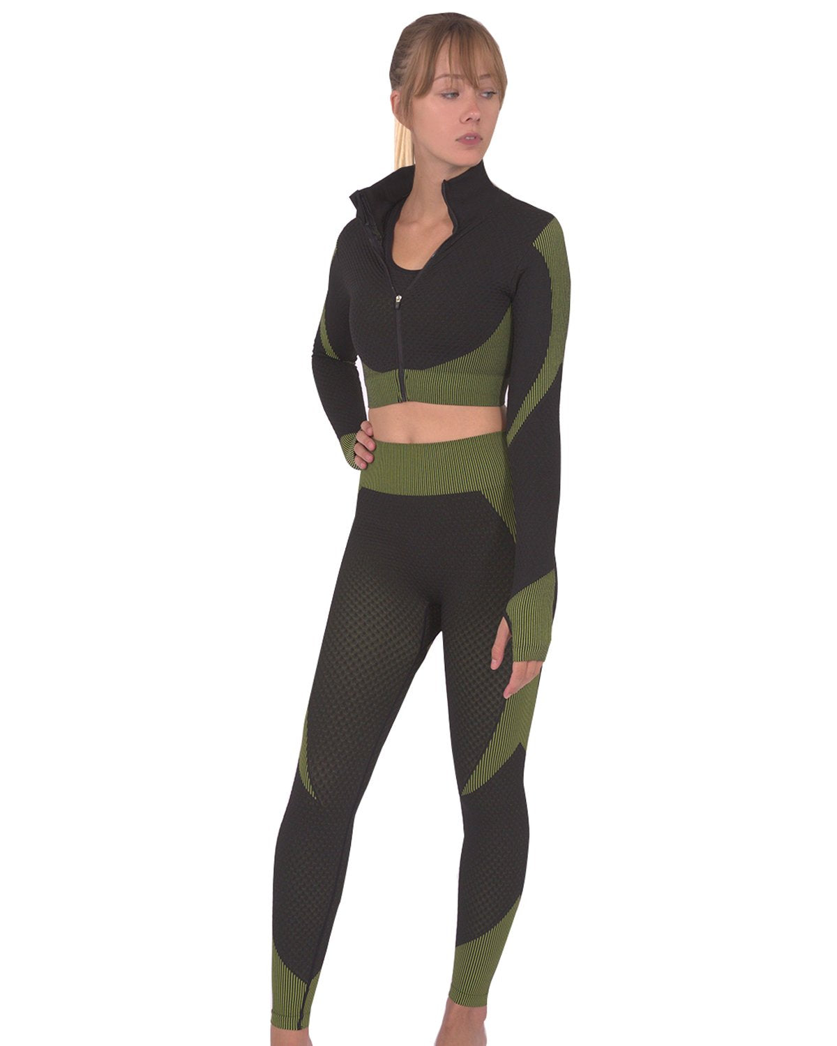 Savoy - Trois Seamless Jacket, Leggings & Sports Top 3 Set - 3 PCS - Black With Green -