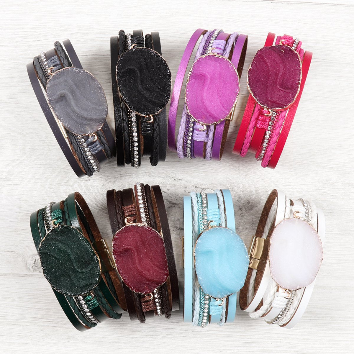 Riah Fashion - Large Semi Stone Leather Wrap Bracelet - 7 COLORS -