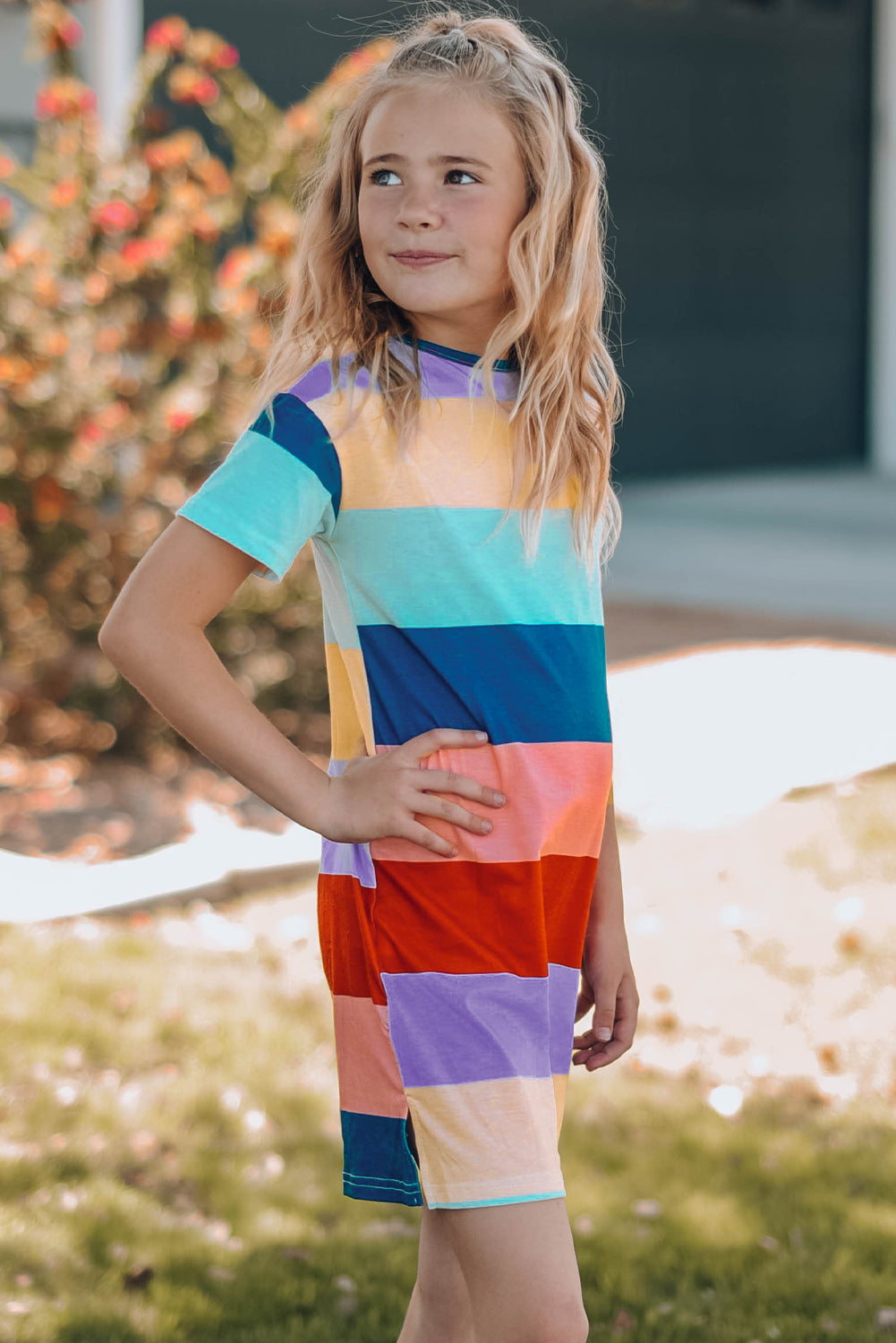 Girls Color Block Side Slit Mini Dress - T - 4 SIZES - 1 MULTI COLOR -