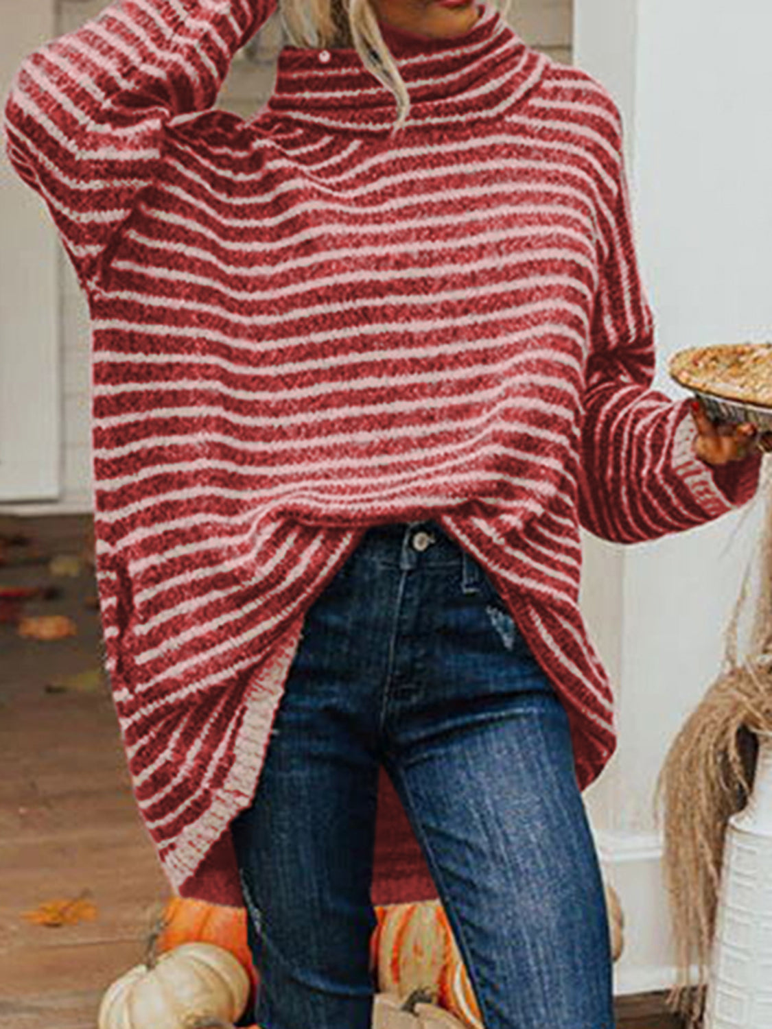 Striped Turtleneck Sweater with Pockets - T - 4 COLORS -