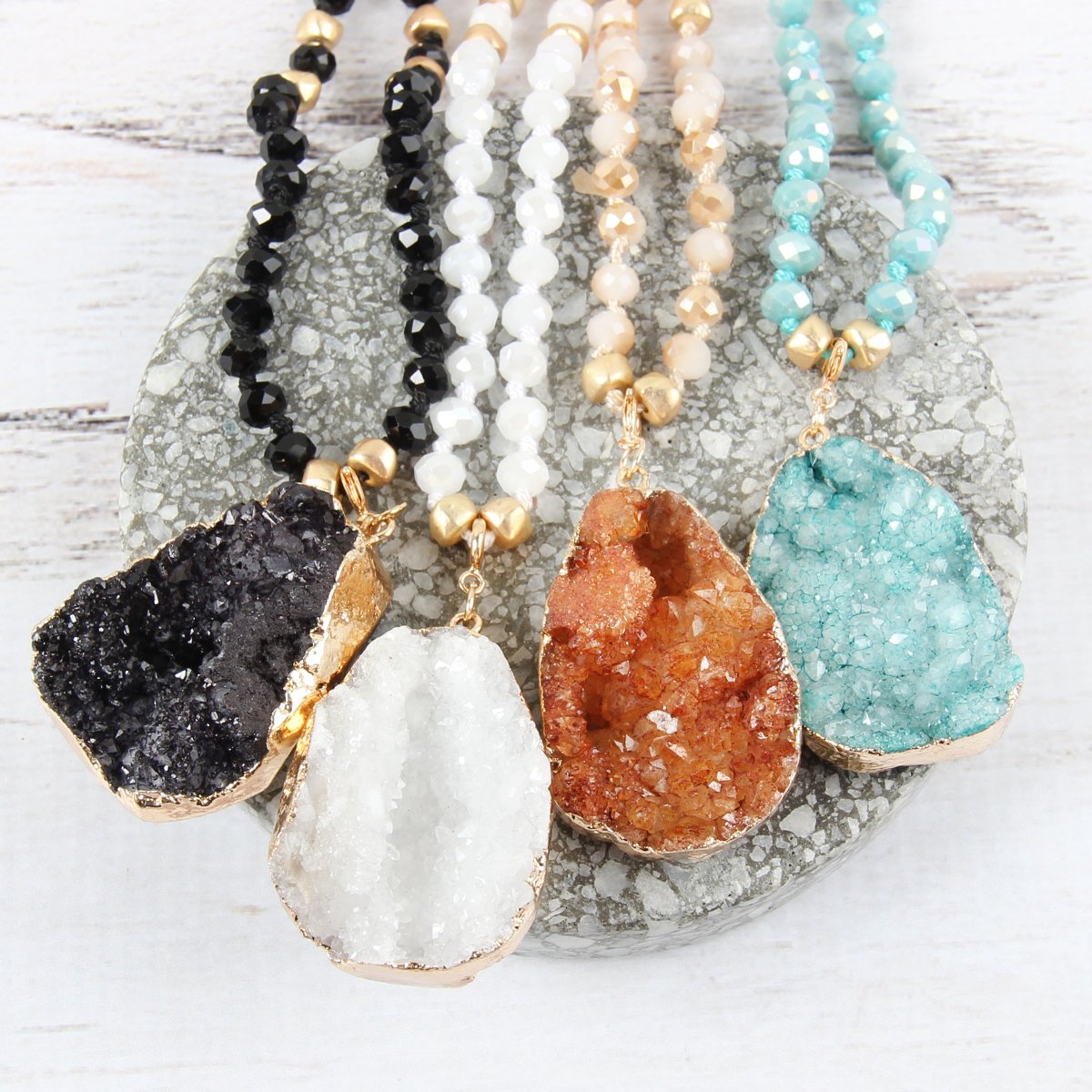 Druzy Stone Pendant Glass Beaded Necklace - 4 COLORS