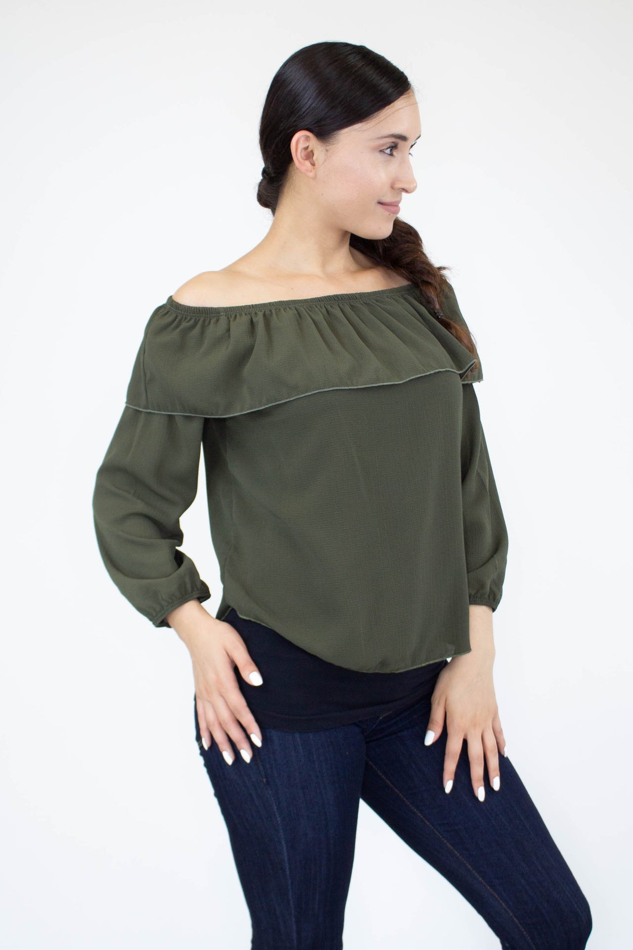 Stylespect - Balloon Sleeve Ruffled Top-Olive - 1 COLOR -