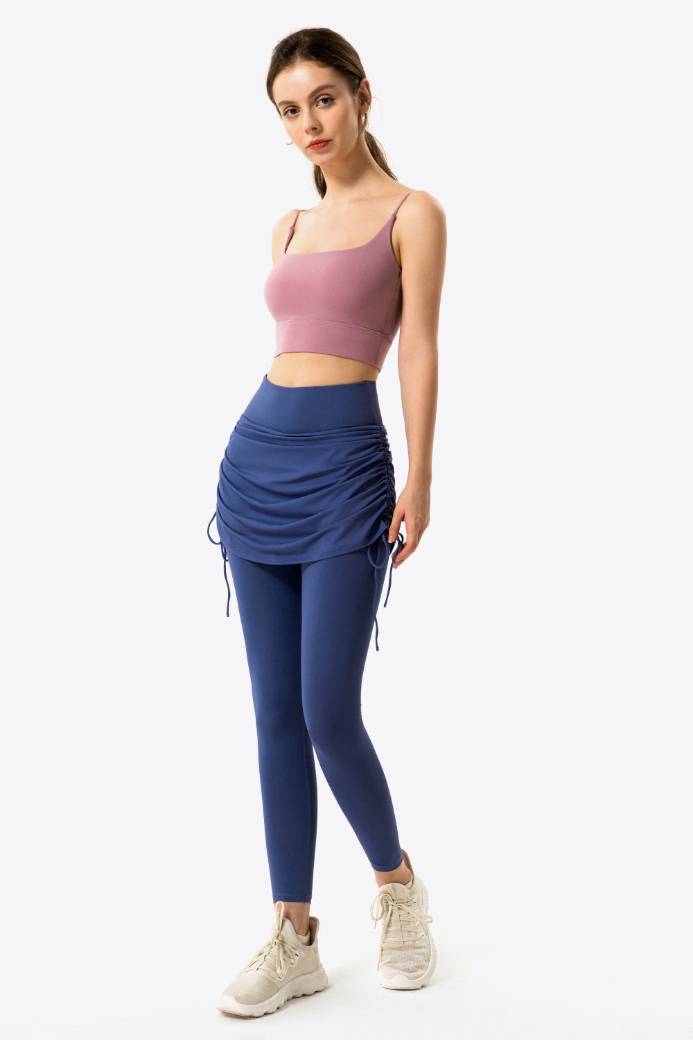 Drawstring Ruched Faux Layered Yoga Leggings - T - 7 COLORS -