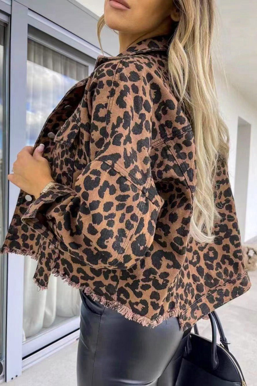 Leopard Raw Hem Denim Jacket - T - 1 COLOR -