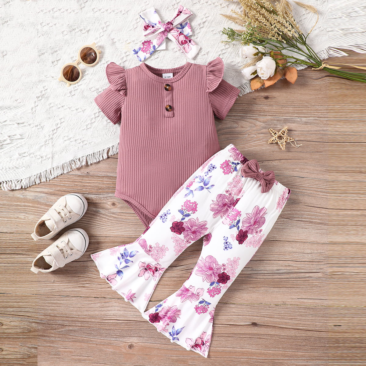 Decorative Button Ribbed Bodysuit and Printed Flare Pants Set with Headband - 3 PCS - T - 2 COLORS -