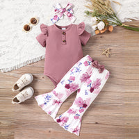 Thumbnail for Decorative Button Ribbed Bodysuit and Printed Flare Pants Set with Headband - 3 PCS - T - 2 COLORS -