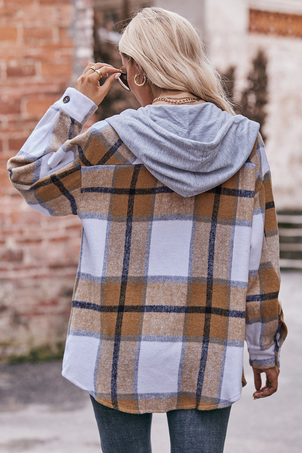 Plaid Dropped Shoulder Hooded Jacket - T - 5 COLORS -