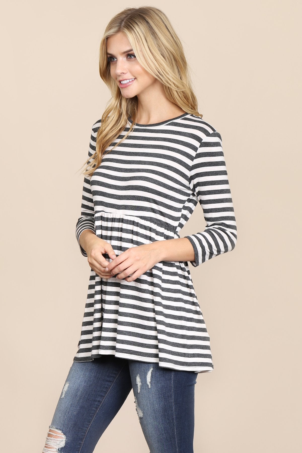 Riah Fashion - Quarter Sleeve Babydoll Striped Tunic - 7 COLORS -