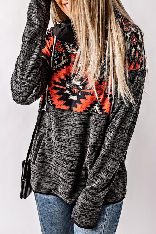 Geometric Long Sleeve Drawstring Hoodie - T - 1 COLOR -