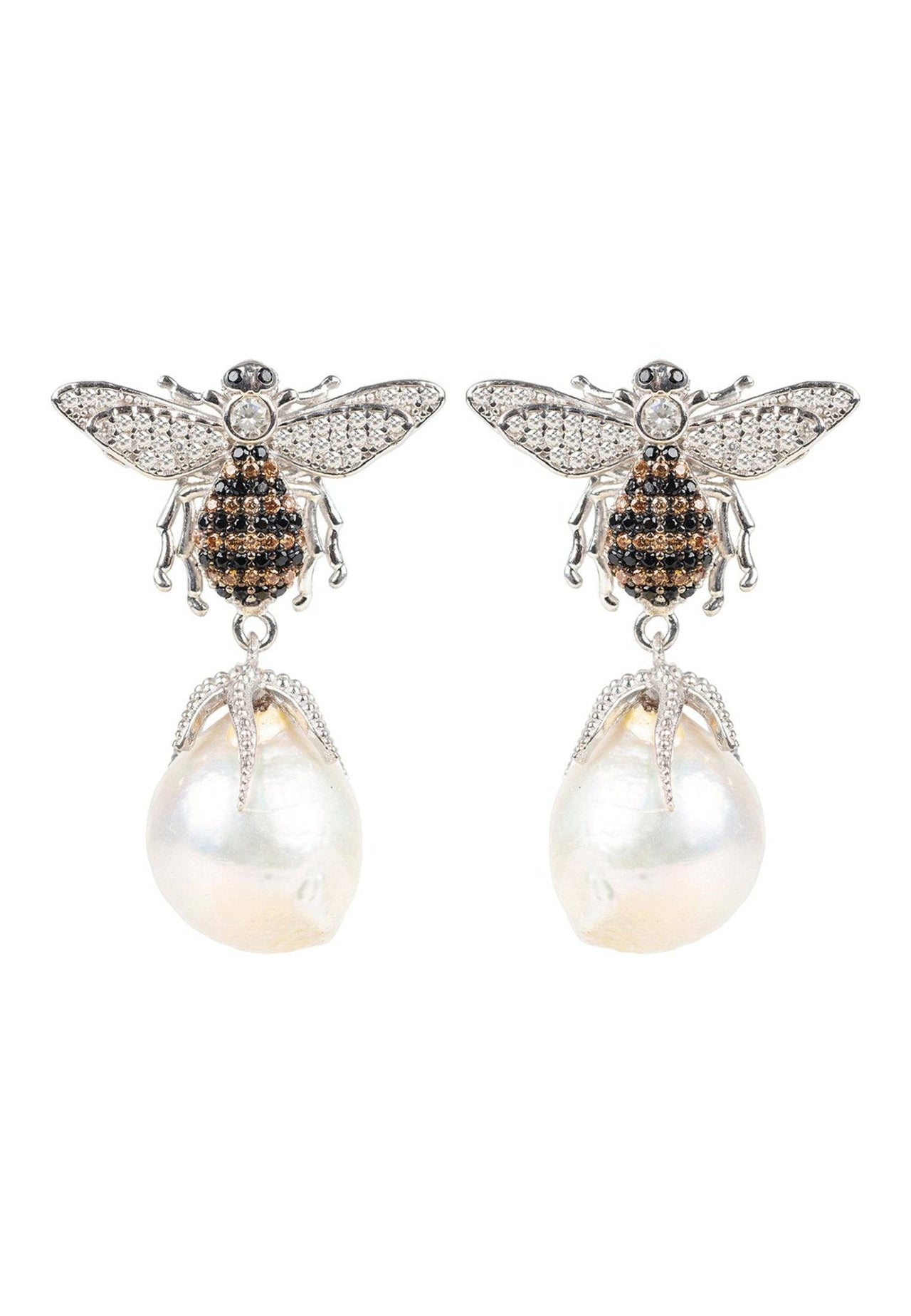 LATELITA - Baroque Pearl Honey Bee Drop Earrings Silver -