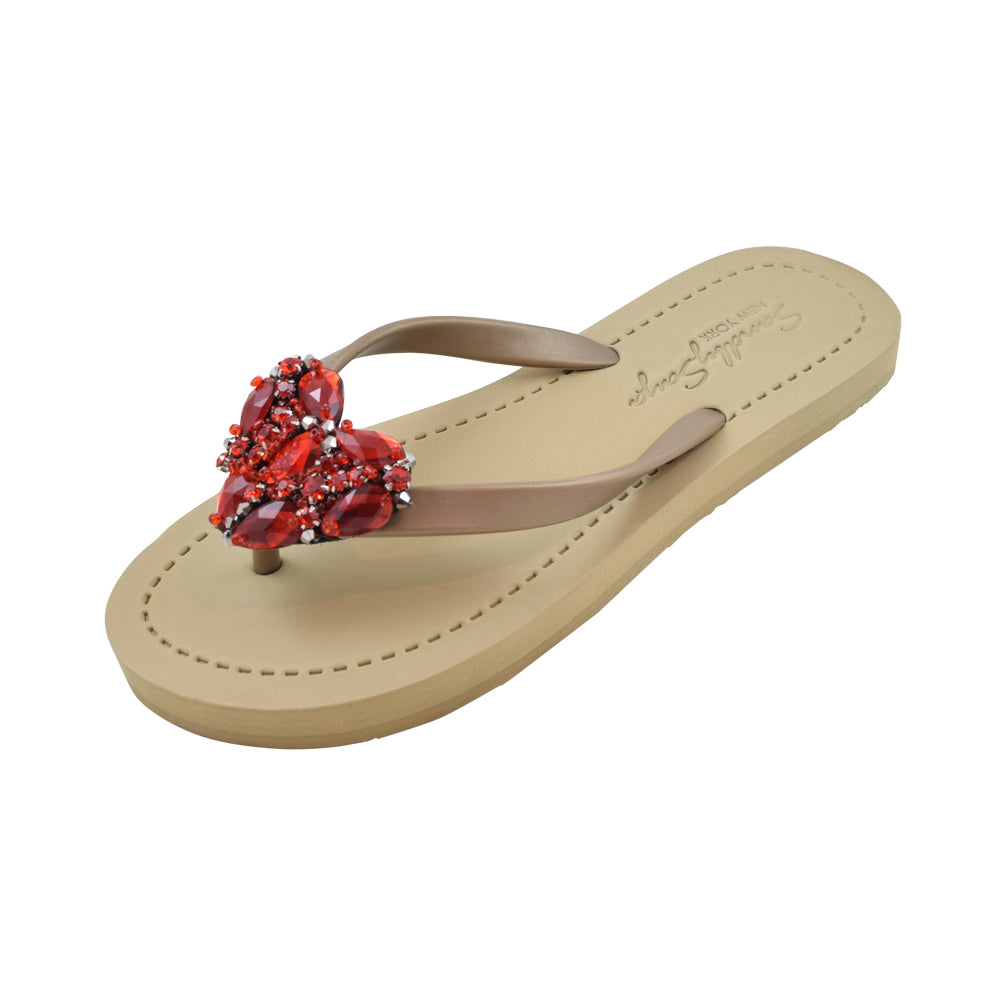 SAND BY SAYA N.Y. - Red Heart - Rhinestone Flat Flip Flops Sandal - 4 COLORS