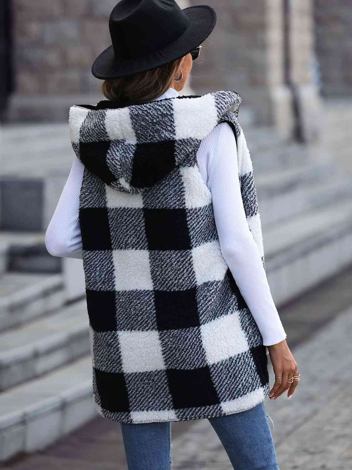 Plaid Hooded Vest with Pockets - T - 1 COLOR -