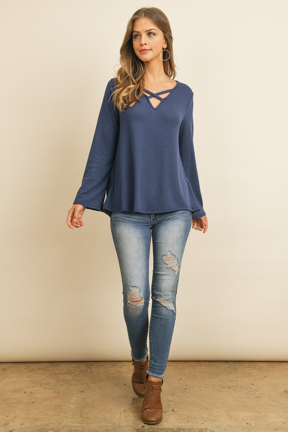 Criss Cross Neck Long Sleeve Hacci Top - 5 COLORS -