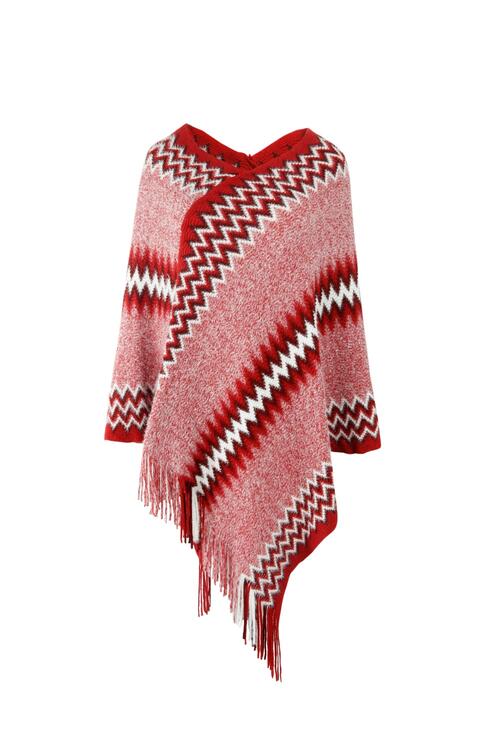 Fringe Hem Striped Cape Sleeve Poncho - T - 5 COLORS -