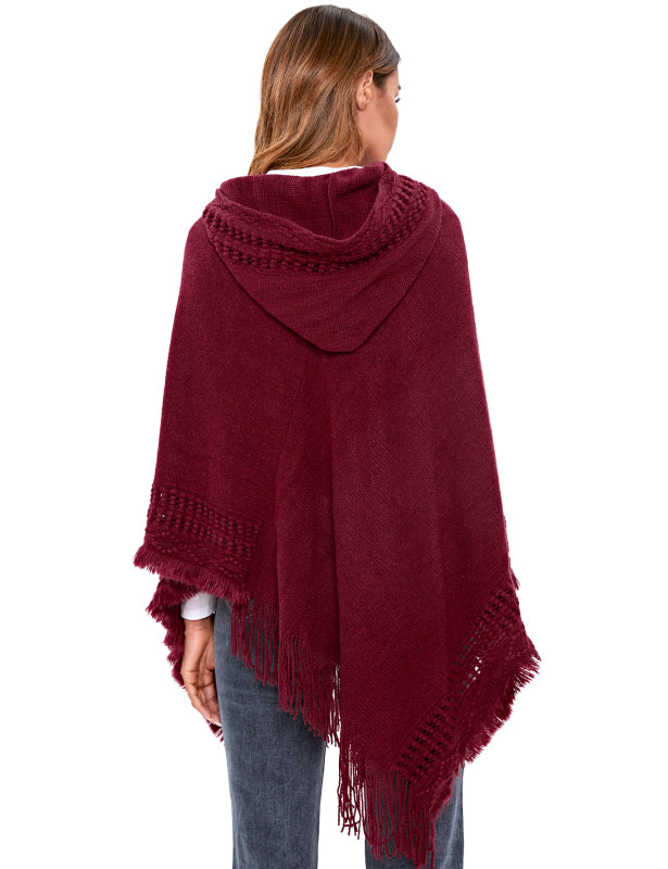 Women's Print or Plain Fringe Hooded Knit Cape Shawl - K - 2 Print patterns - 4 COLORS -