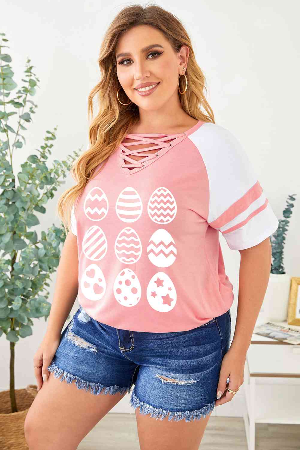 Plus Size Easter Egg Graphic Crisscross Tee Shirt - SIZES 1XL THRU 5XL - T - 1 COLOR -