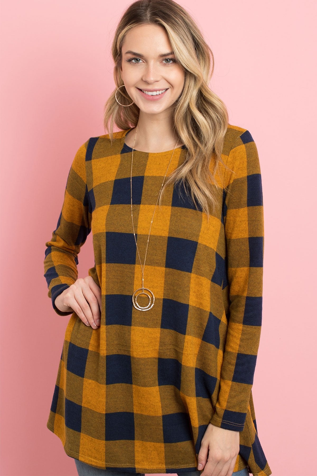 Riah Fashion - Plaid Long Sleeves A-Line Top - 4 COLORS -