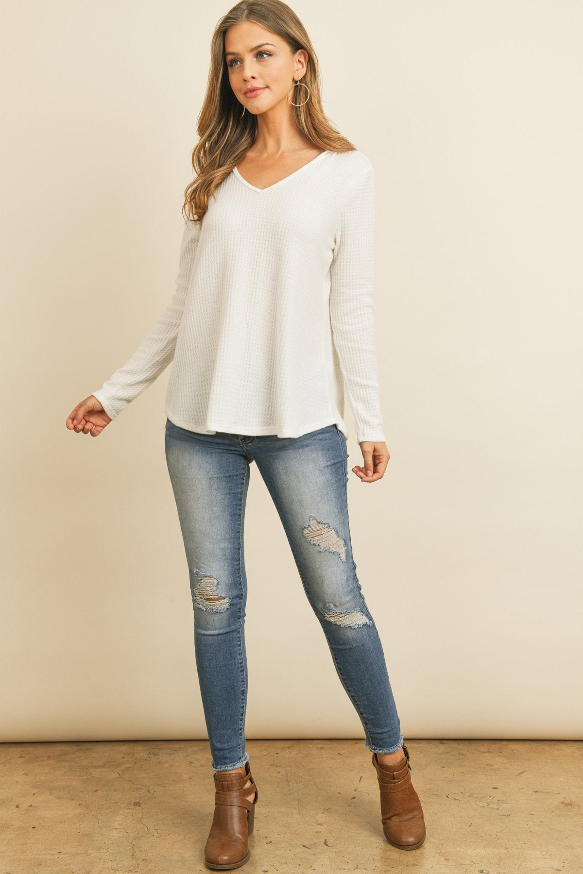 Riah Fashion - V-Neck Long Sleeved Waffle Top - 7 COLORS -