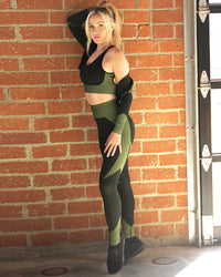 Thumbnail for Savoy - Trois Seamless Jacket, Leggings & Sports Top 3 Set - 3 PCS - Black With Green -