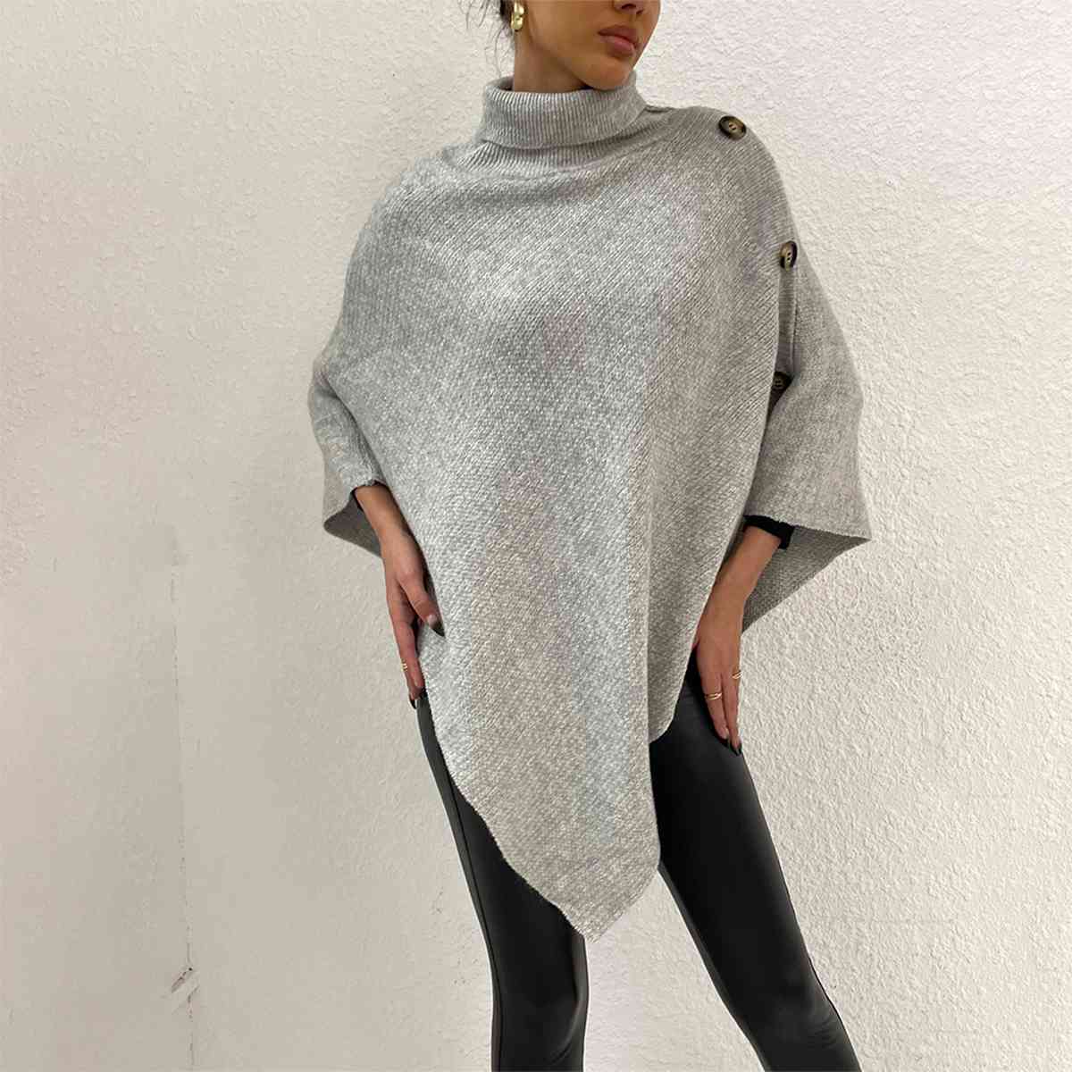 Turtleneck Buttoned Poncho - T - 1 COLOR -