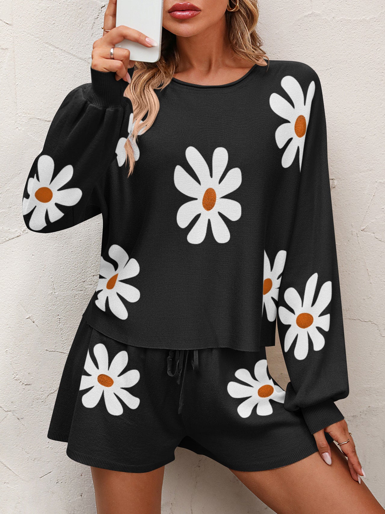 Floral Print Raglan Sleeve Knit Top and Tie Front Sweater Shorts Set - K - 4 COLORS -