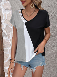 Thumbnail for Color Block Decorative Button V-Neck Tee - T - 3 COLORS -