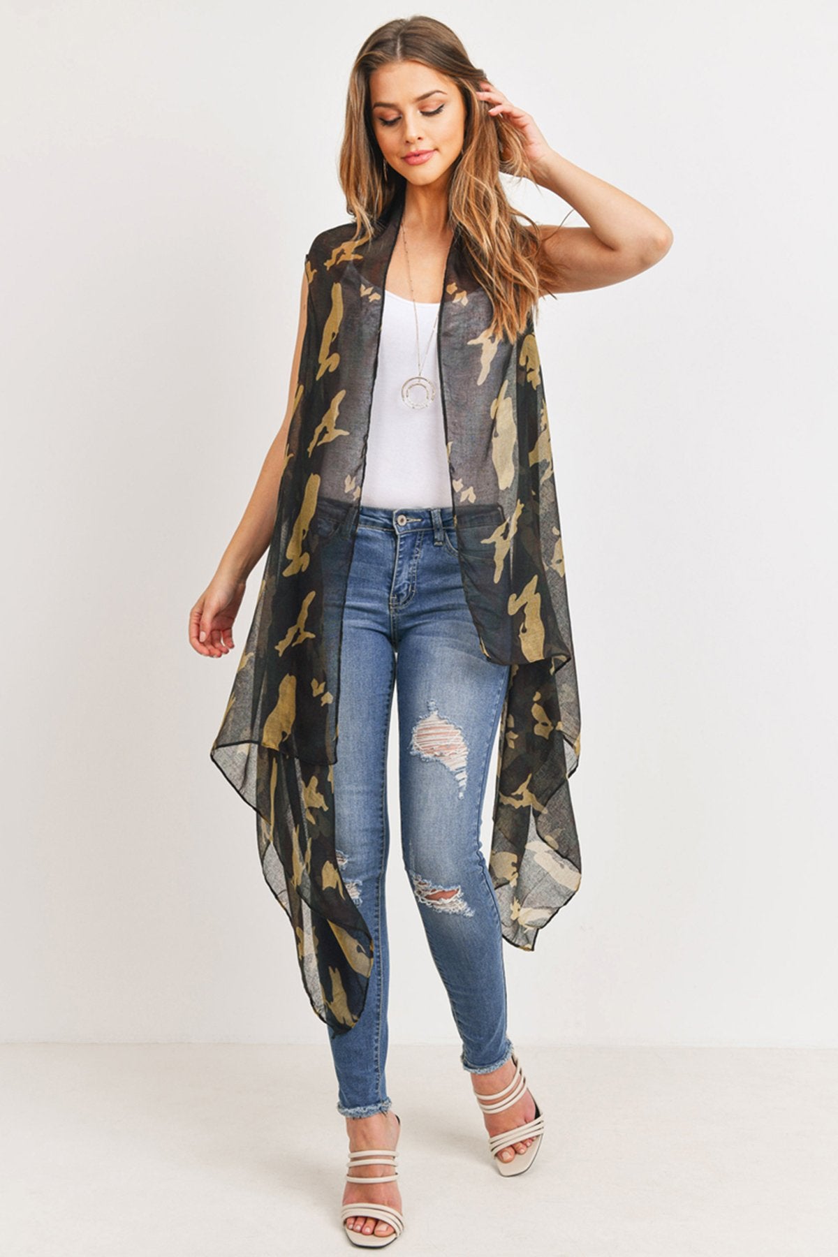 Riah Fashion - Knee Length Camouflage Open Front Kimono Vest - 1 COLOR