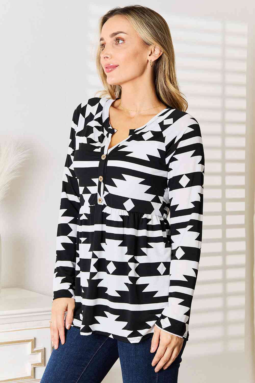 Heimish Full Size Geometric Notched Neck Long Sleeve Top - SIZES S THRU 3XL - T - 1 COLOR -