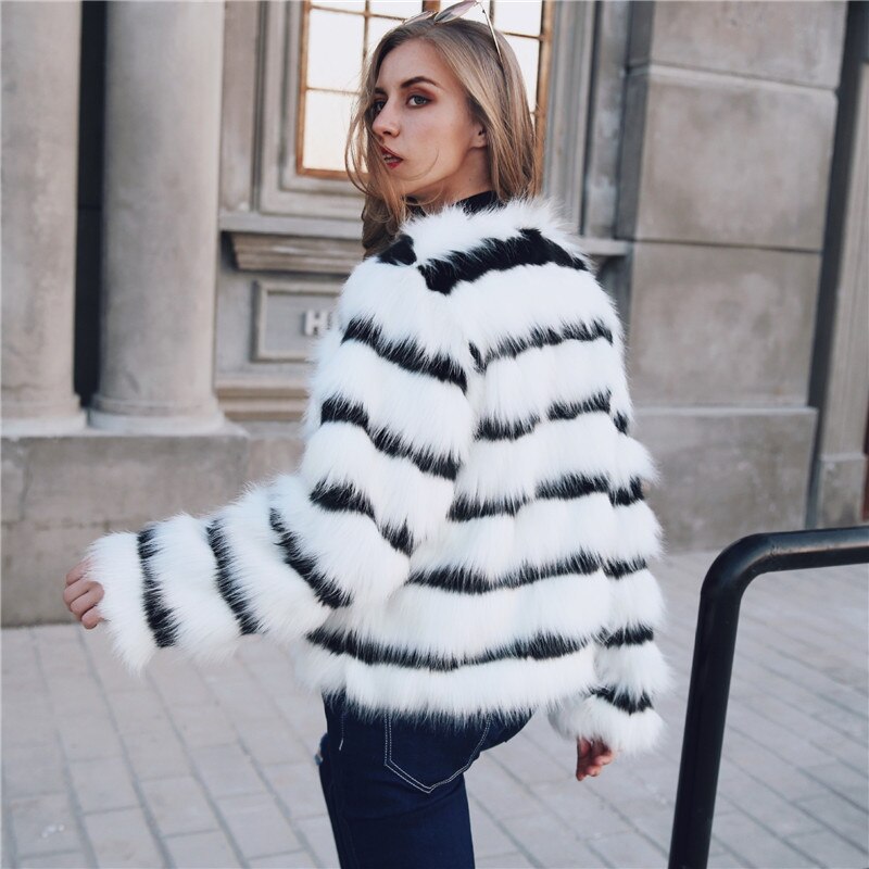 Sharon Tatem - Black and White Striped Faux Fur Coat Fur Coat - Elegant Fur Coat - Long Sleeve Collarless Casual -