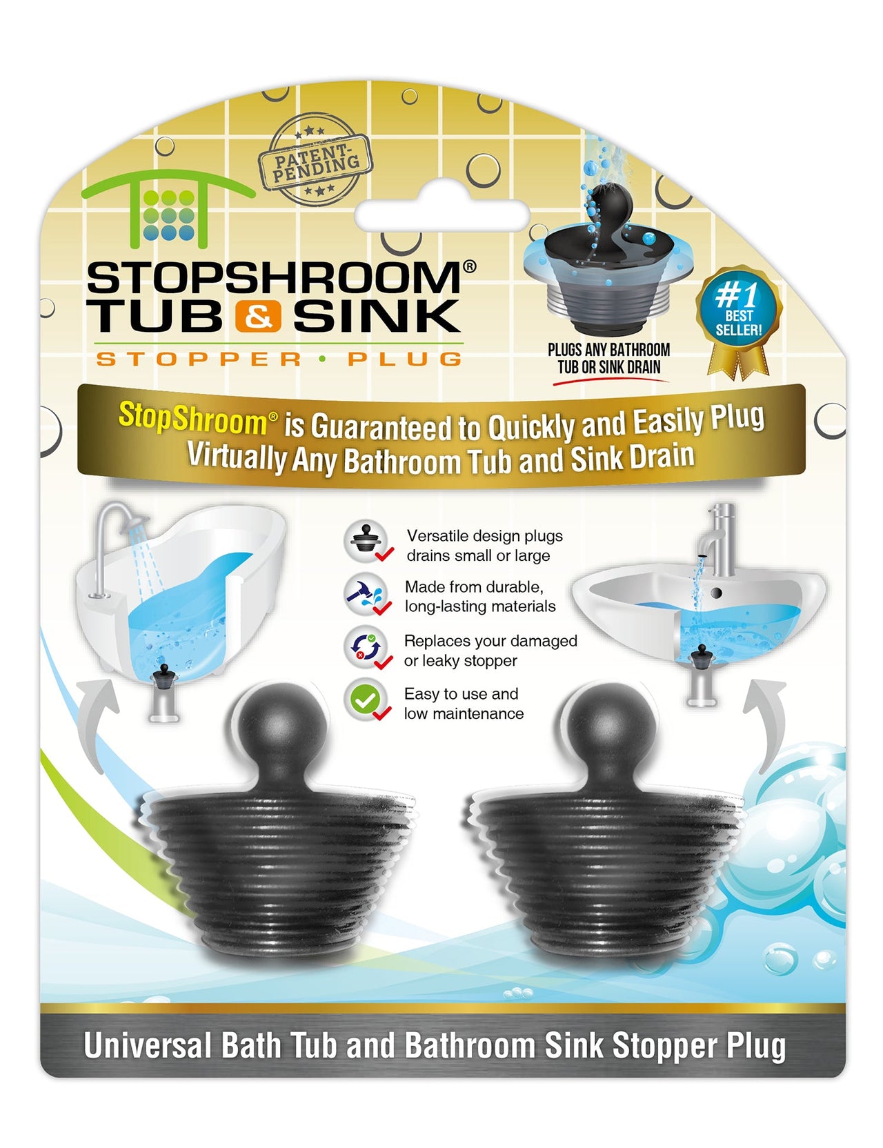 StopShroom (Black) Tub & Sink Universal Stopper Plug for Tub & Bathroom Drains