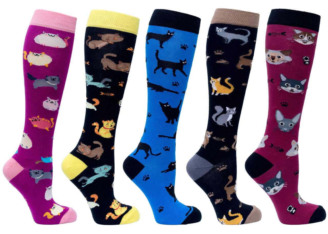 Women's Cute Cats Knee High Socks Set - 5 PACK -